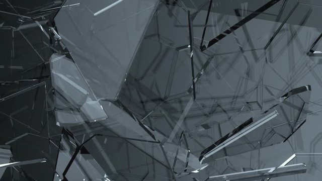 Pieces of destructed Shattered glass in slow motion. Alpha matte
