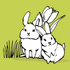 Cute rabbits with easter flowers hand draw illustration. Draw illustration postcards design of cute rabbit.