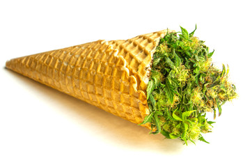 Waffle Cup with Medical Marijuana on White Background