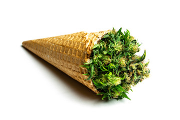 Waffle Cup with Medical Weed on White Background