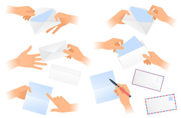 A postman hold and give the envelope with paper letter. A man writes a letter, opens the writing. Flat vector concept illustration set of human hands holding and taking out of the envelope message.