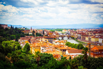 Fototapeta na wymiar Beautiful panoramic view Florence Firenze, Italian renaissance churches. Summer scenery. Sunny day, blue sky with cumulus clouds. Florence, Tuscany, Italy