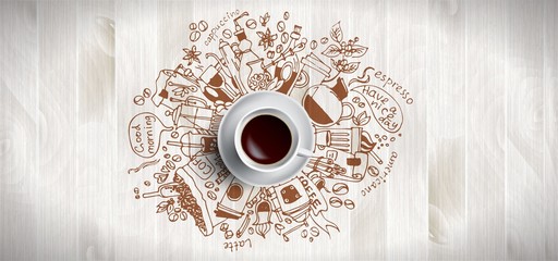 Coffee concept on wooden background - white coffee cup, top view with doodle illustration about coffee, beans, morning, espresso in cafe, breakfast. Morning coffee vector illustration. Hand draw and