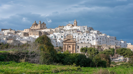 Fototapeta na wymiar Panorama of The picturesque old town and Roman Catholic cathedral and church Confraternity of Carmine. The white city in Apulia on the hill - Ostuni , Puglia , Brindisi , Italy