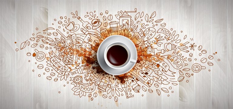 Coffee concept on wooden background - white coffee cup, top view with doodle illustration about coffee, beans, morning, espresso in cafe, breakfast. Morning coffee vector illustration with coffee