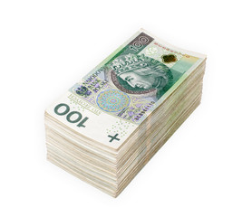 Bundle of polish 100 zloty banknotes. Isolated on white. Clipping Path included.