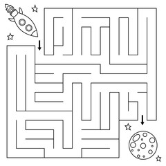 Maze game for children, help the rocket find right path to the moon. Coloring page. Vector illustration.