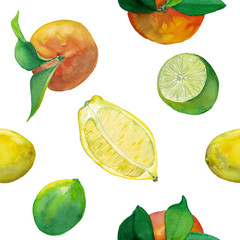 Watercolor seamless pattern of fresh citrus fruits- lemon, lime and oranges. Fruits with leaves and cut in the middle. Design for backgrounds, packaging, textile.