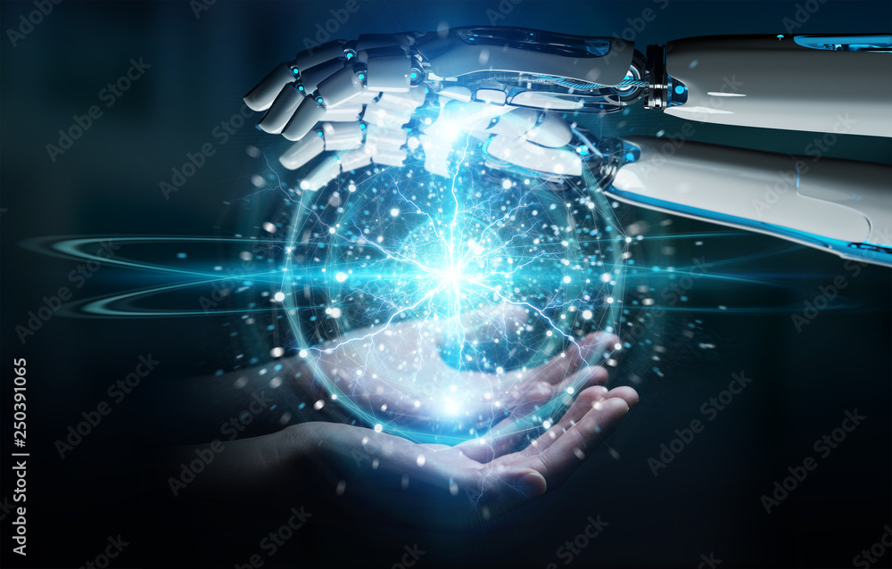 Leinwandbilder robot hand and human hand touching digital sphere network on dark background 3d rendering
