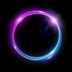 Vibrant neon circle with glow. Design element. Colorful round frame for advertising, banner, card with space for text. Abstract luminous background. Vector illustration