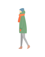 Standing person in jacket with scarf and hat with mittens vector in flat style isolated on white, woman in warm clothes, full length portrait vector