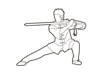 Man with sword action, Kung Fu pose graphic vector.
