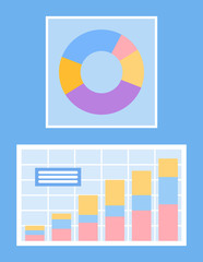 Obraz premium Segmented round pie diagram with info vector. Isolated icons of infographics and schemes presenting business results and analytics, flowchart data