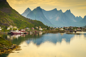 Naklejka premium Fjord and mountains landscape. Lofoten islands Norway