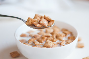Dry breakfast cereal pads with milk on a white concrete background