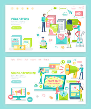 Online Advertising And Print Adverts Vector. Megaphone And Internet, Newspaper And Magazine. Website Or Webpage Template, Landing Page Flat Style