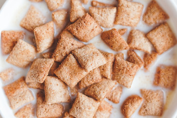 Dry breakfast cereal pads with milk on a white concrete background