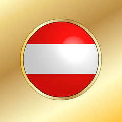 Icon of national flag of Austria, round button with metal golden frame and reflection of light. Beautiful gold background. Editable vector EPS 10 illustration.