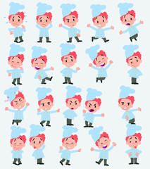 Cartoon character chef. Set with different postures, attitudes and poses, doing different activities in isolated vector illustrations.