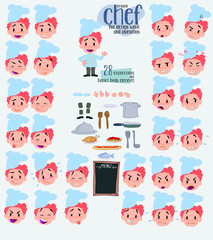 Chef. Twenty eight expressions and basics body elements, template for design work and animation. Vector illustration to Isolated and funny cartoon character.