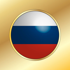 Icon of national flag of Russia, round button with metal golden frame and reflection of light. Beautiful gold background. Editable vector EPS 10 illustration.