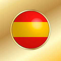 Icon of national flag of Spain, round button with metal golden frame and reflection of light. Beautiful gold background. Editable vector EPS 10 illustration.