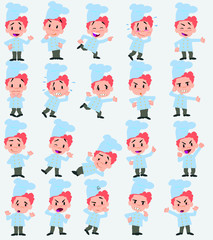 Cartoon character chef. Set with different postures, attitudes and poses, doing different activities in isolated vector illustrations.