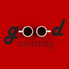 Top view of a cup of coffee in the form of good morning isolated on red background, Coffee concept illustration, 3d rendering