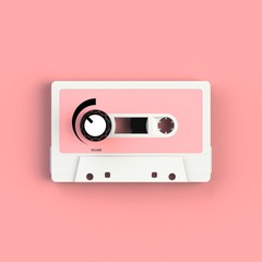 Close up of vintage audio tape cassette with volume knob concept illustration on pink background, Top view with copy space, 3d rendering