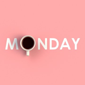 Top view of a cup of coffee in the form of monday isolated on pink background, Coffee concept illustration, 3d rendering