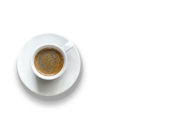 Isolated cup of coffee on a white background. Flat lay, top view, copy space.