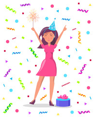 Obraz na płótnie Canvas Woman with sparkler, on backdrop of confetti and tinsel celebrating birthday party. Girl in pink dress with hands up, present gift box decorated by bow vector