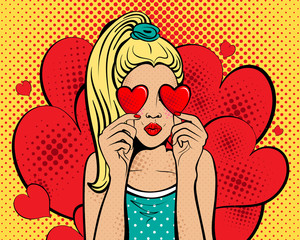  Pop art young sexy woman with red hearts  in her hands with kiss on background. Holiday party...