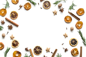 Christmas drink mulled wine. Ingredients of a hot delicious drink. Christmas or New Year. Flat lay, top view, copy space,  mock-up