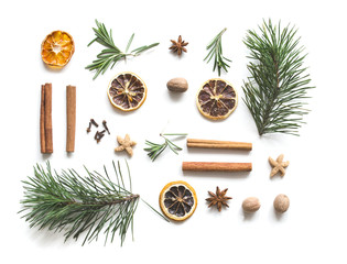 Christmas drink mulled wine. Ingredients of a hot delicious drink. Christmas or New Year. Flat lay, top view, copy space,