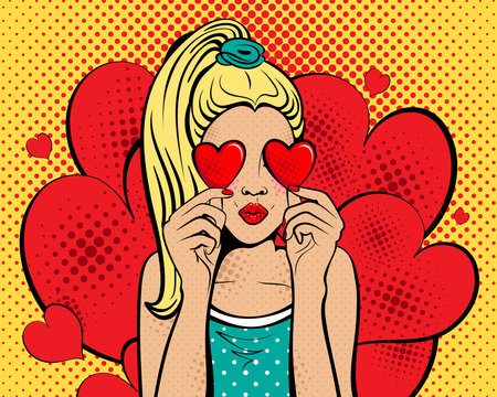  Pop art young sexy woman with red hearts  in her hands with kiss on background. Holiday party invitation vector poster. Vector illustration in retro comic style.