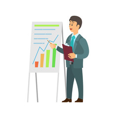 Man making report near board with graphs and charts vector. Isolated cartoon male in suit, with clipboard pointing on growing diagram, financial analytic
