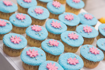 cupcakes with different topping, it have sofe blue cream flat on top and some snack like flower with mini ball. they're all put together in pattern