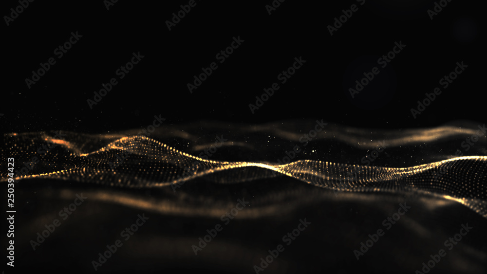 Fototapete abstract black and gold color digital particles wave with bokeh background