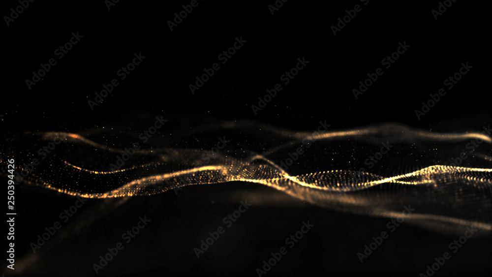 Poster abstract black and gold color digital particles wave with bokeh background