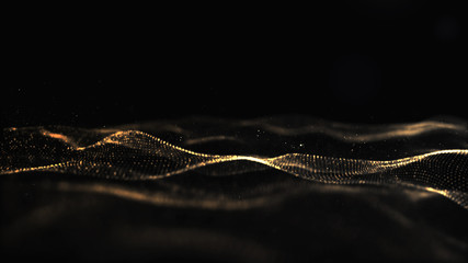 Abstract Black and Gold Color Digital Particles Wave With Bokeh Background - obrazy, fototapety, plakaty