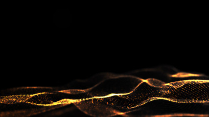 Abstract Black and Gold Color Digital Particles Wave With Bokeh Background