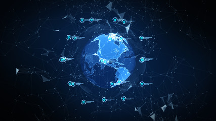 Shield icon on secure global network, Technology network and cyber security concept. Protection for worldwide connections. Earth element furnished by Nasa