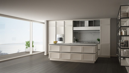Classic white kitchen in modern open space with parquet floor and big panoramic window with balcony on sea landscape, island and accessories, minimalist contemporary interior design
