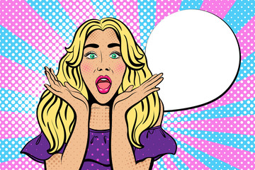 Sexy woman with wide open eyes and mouth and rising hands. Vector background in comic style retro pop art. Girl with the speech bubble. Advertising Pop Art poster or invitation to a party. 