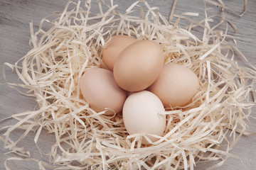  Natural chicken eggs on hay on a light background.