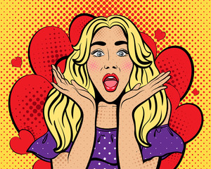 Sexy woman with wide open eyes and mouth and rising hands. Vector background in comic style retro pop art. Girl with the speech bubble. Advertising Pop Art poster or invitation to a party. 