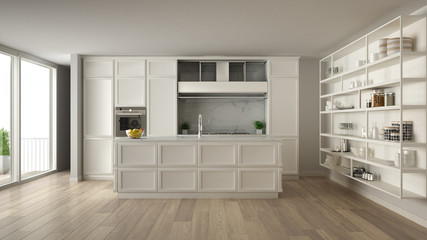 Classic white kitchen in modern open space with parquet floor and big panoramic window with balcony, island and accessories, minimalist contemporary interior design
