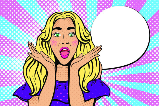 Sexy woman with wide open eyes and mouth and rising hands. Vector background in comic style retro pop art. Girl with the speech bubble. Advertising Pop Art poster or invitation to a party. Face close-