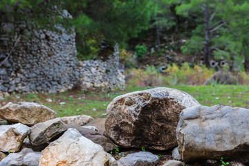 Fototapeta na wymiar large stones on the background of ruins and forests